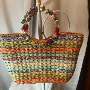 Vintage Straw  Rainbow Woven Handbag with Beaded Handle